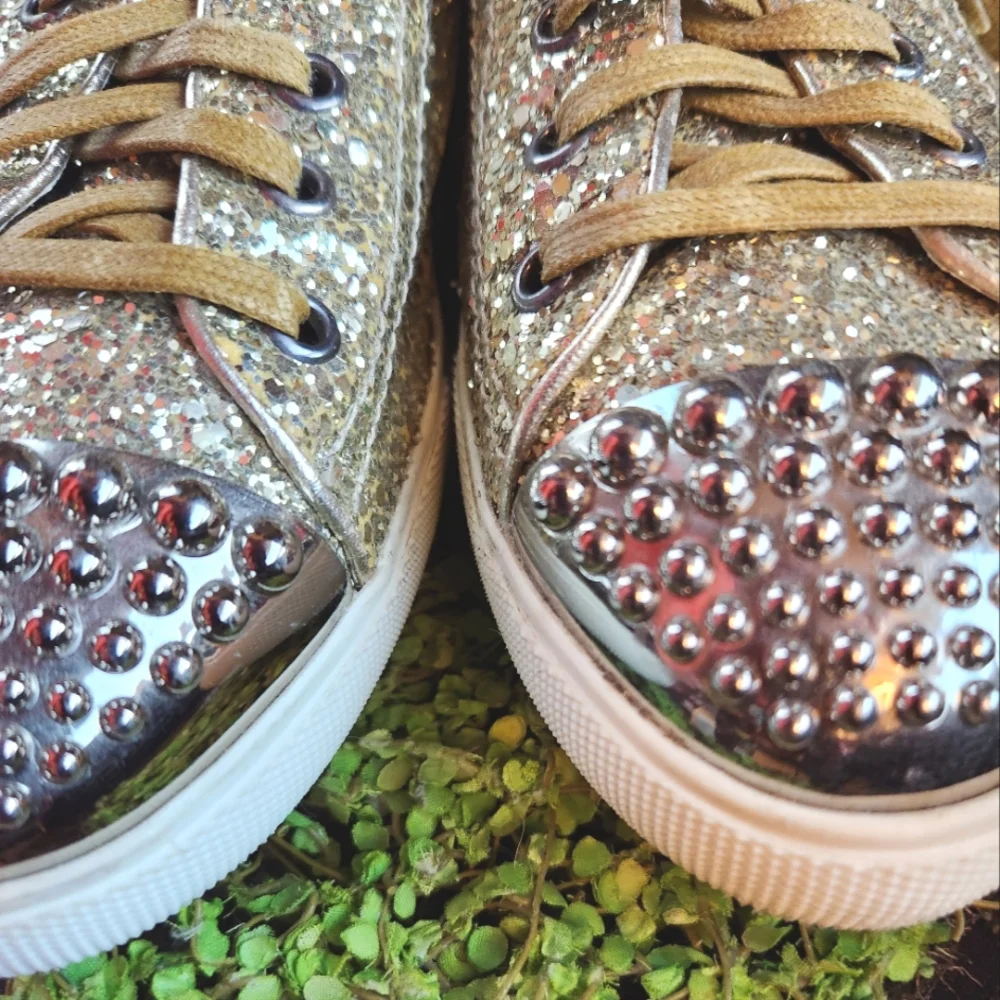 MIU MIU Gold Glitter Sparkle Silver Studs Toe Lace Up Flat Luxury Sneakers 40 - Picture 6 of 16